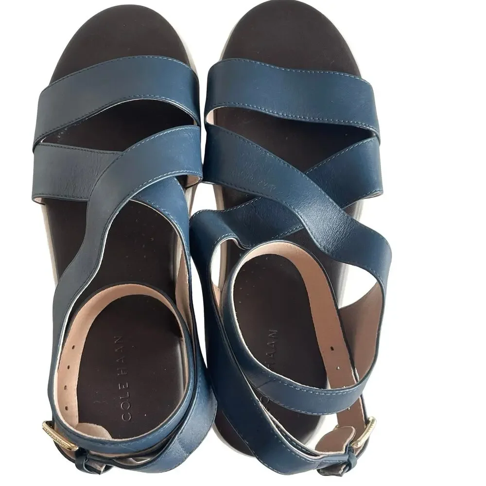 Cole Haan GrandPro Rally Castine Platform Sandal Blue Soze 6.5B‎ Strappy Leather